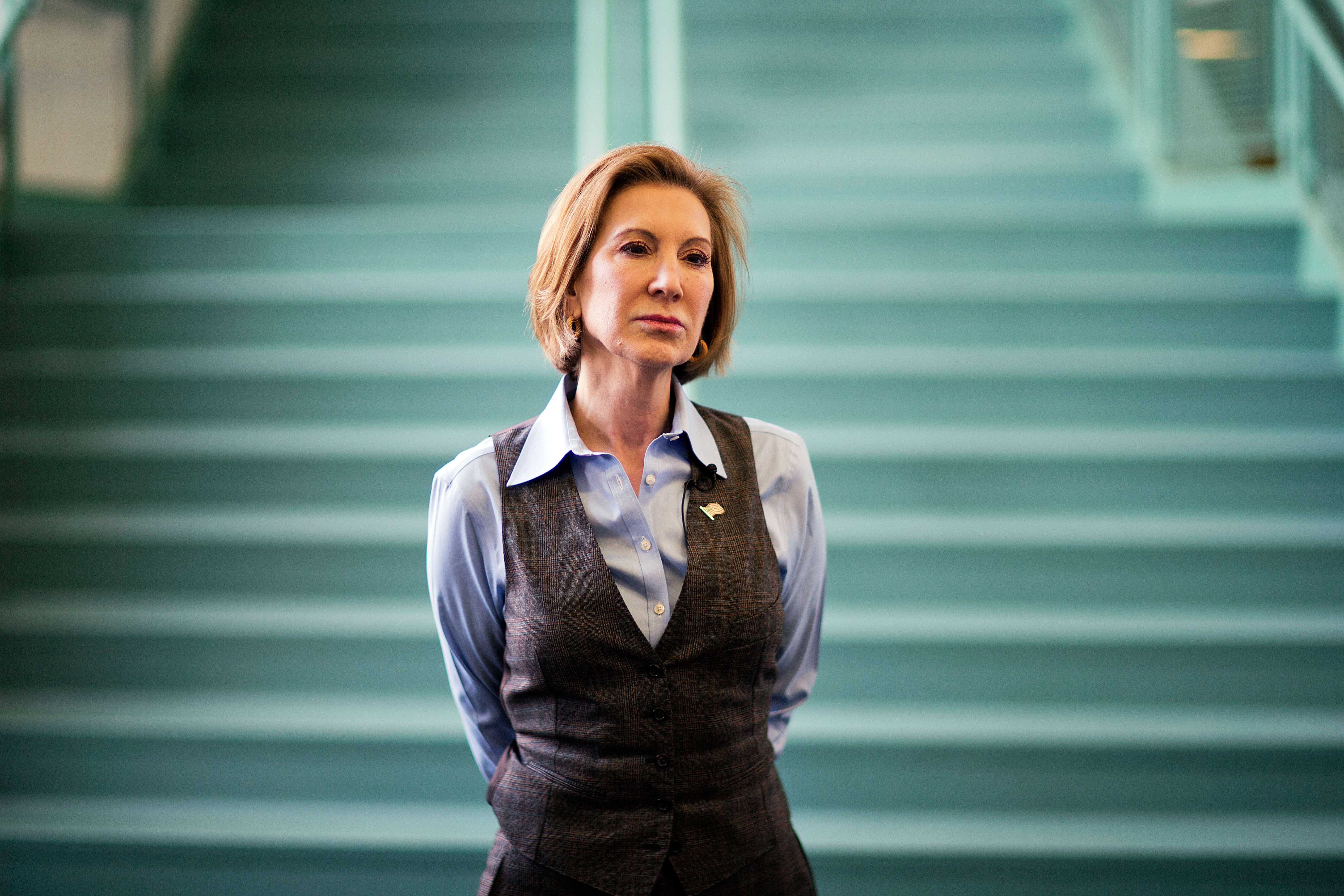 Republican presidential candidate Carly Fiorina waits to be introduced at a campaign event at Maple Avenue Elementary School Saturday, Feb. 6, 2016, in Goffstown, N.H. (AP Photo/David Goldman) (AP)