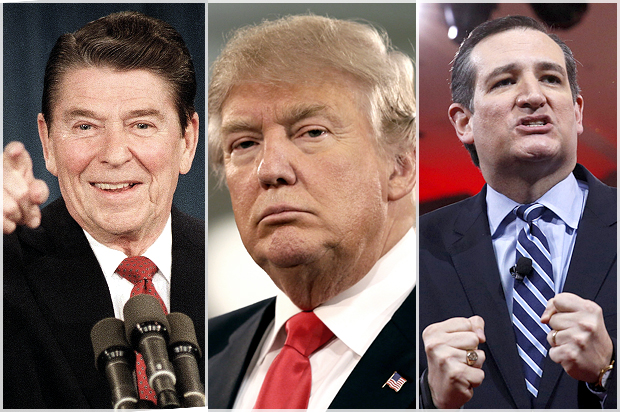 Ronald Reagan, Donald Trump, Ted Cruz (AP/Reuters/Ira Schwarz/Charlie Neibergall/Kevin Lamarque)