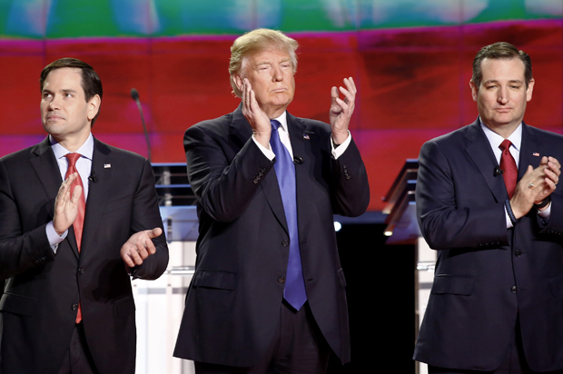 Marco Rubio, Donald Trump and Ted Cruz at the 2016 Republican debate in Houston, Texas, February 25, 2016. (Reuters/Mike Stone)