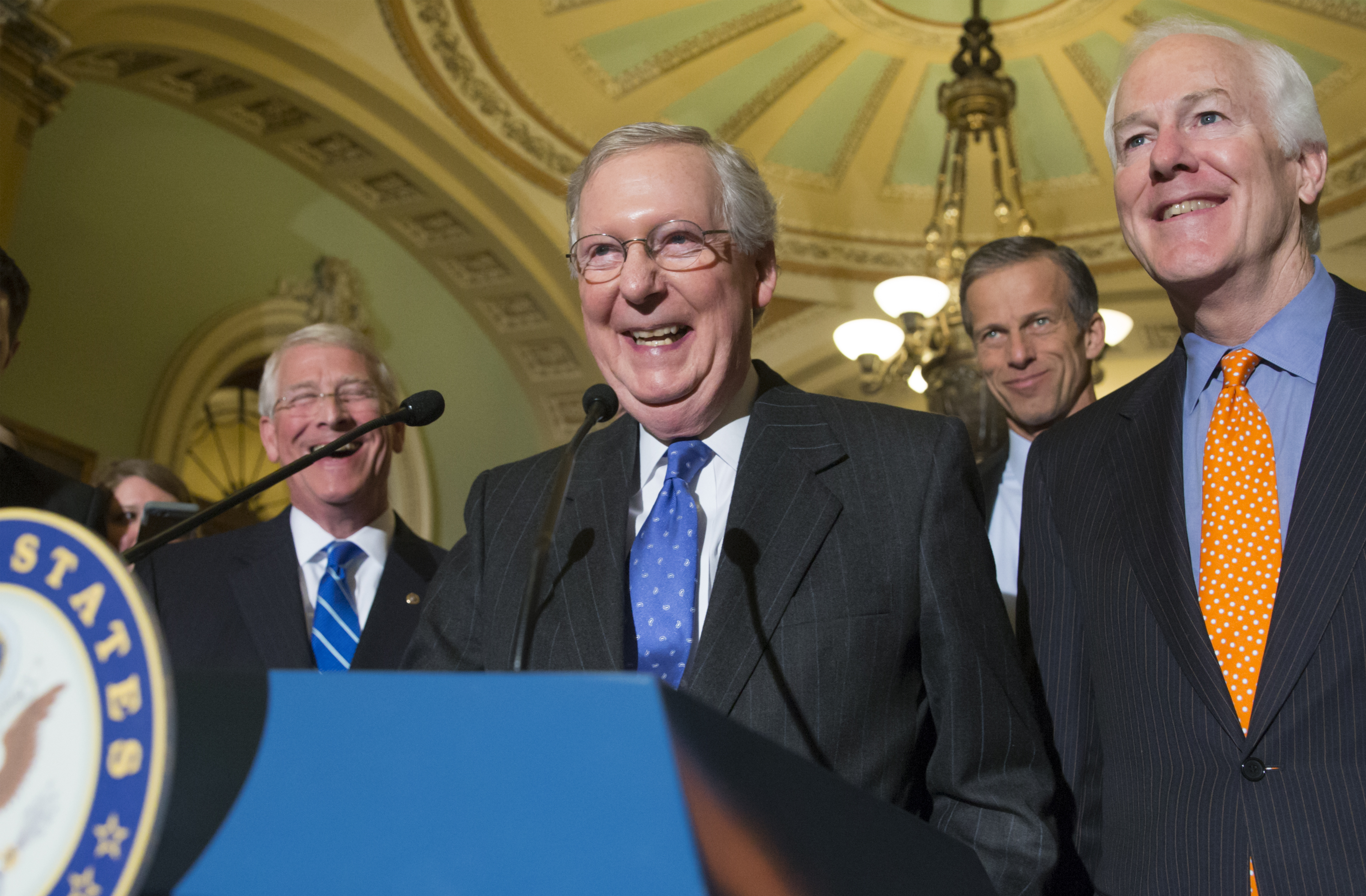 In this Tuesday, Feb. 23, 2016 photo, Senate Majority Leader Mitch McConnell, R-Ky., center, smiles and speaks to reporters as he is joined by, from right to left, Majority Whip John Cornyn, R-Texas, Sen. John Thune, R-S.D., and Sen. Roger Wicker, R-Miss., following a closed-door policy meeting on Capitol Hill in Washington.  Before President Barack Obama has chosen a nominee, nearly all the Senates majority Republicans seem dug in against even meeting that person. (AP Photo/J. Scott Applewhite) (AP)
