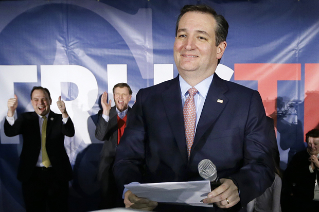 Ted Cruz at a caucus night rally, Monday, Feb. 1, 2016, in Des Moines, Iowa. (AP/Charlie Neibergall)