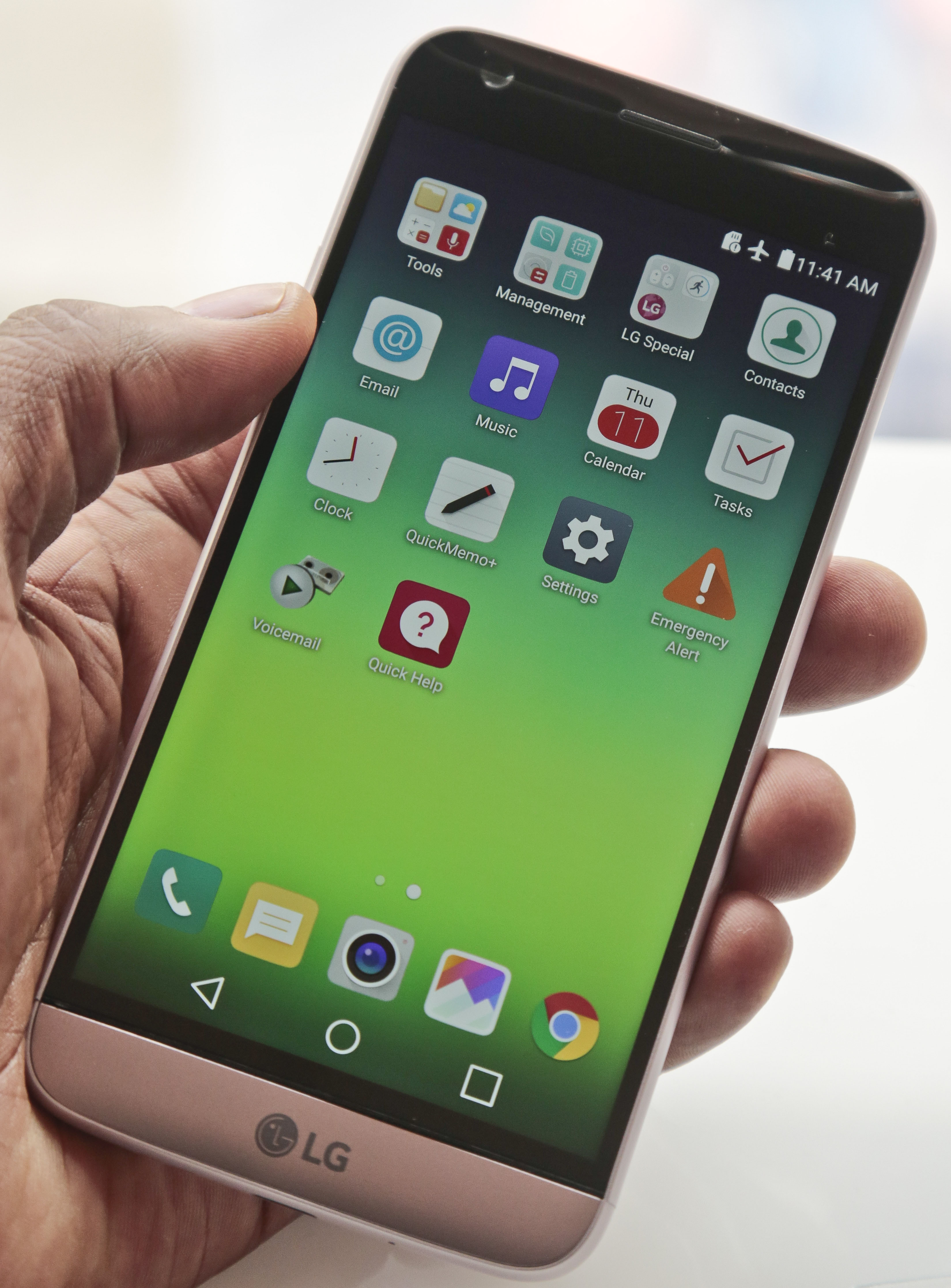 In this Feb. 11, 2016 photo, the LG G5 smartphone is displayed in New York. (AP Photo/Bebeto Matthews)