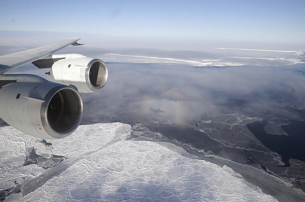 NASA's DC-8 flies over the Brunt Ice Shelf in Antarctica, October 26, 2010. (Reuters/Michael Studinger)