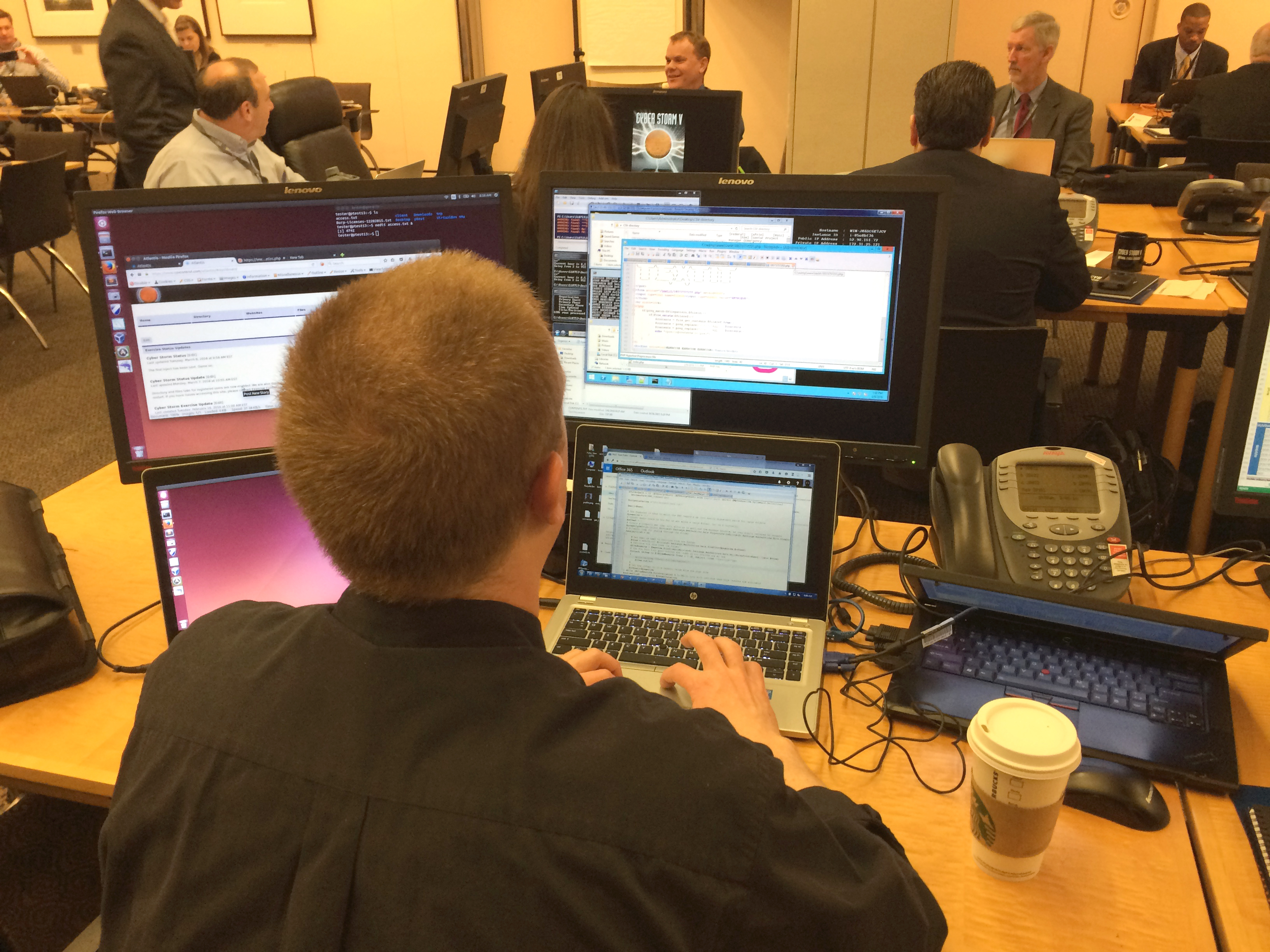 Mission control at Cyber Storm V in Washington, Tuesday, March 8, 2016. More than 1,100 cybersecurity professionals across the country and from Wyoming, Missouri, Mississippi, Georgia, Maine, Nevada, Oklahoma and Oregon, are participating in the Homeland Security Department's simulation to test their ability to deal with a cyberattack, said Touhill, the agencys deputy assistant secretary for Cybersecurity Operations and Programs at DHS. (AP Photo/Tami Abdollah) (AP)