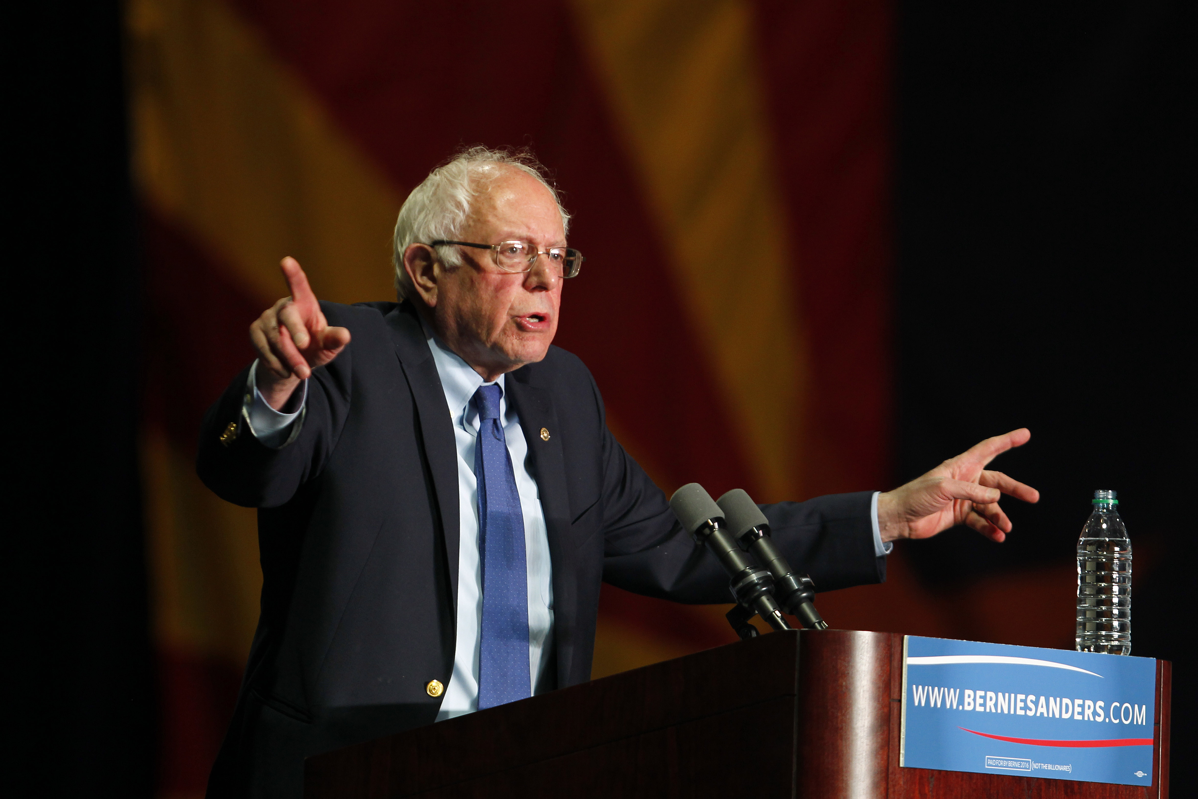Democratic presidential candidate, Sen. Bernie Sanders, I-Vt., speaks at a campaign rally at the Phoenix Convention Center in Phoenix, Tuesday, March 15, 2016. (AP Photo/Ricardo Arduengo) (AP)
