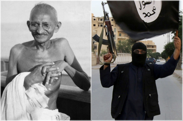 Mahatma Gandhi, pictured in 1931; a member loyal to the Islamic State in Iraq and the Levant (ISIL) in Raqqa June 29, 2014. (AP/James A. Mills/Reuters)