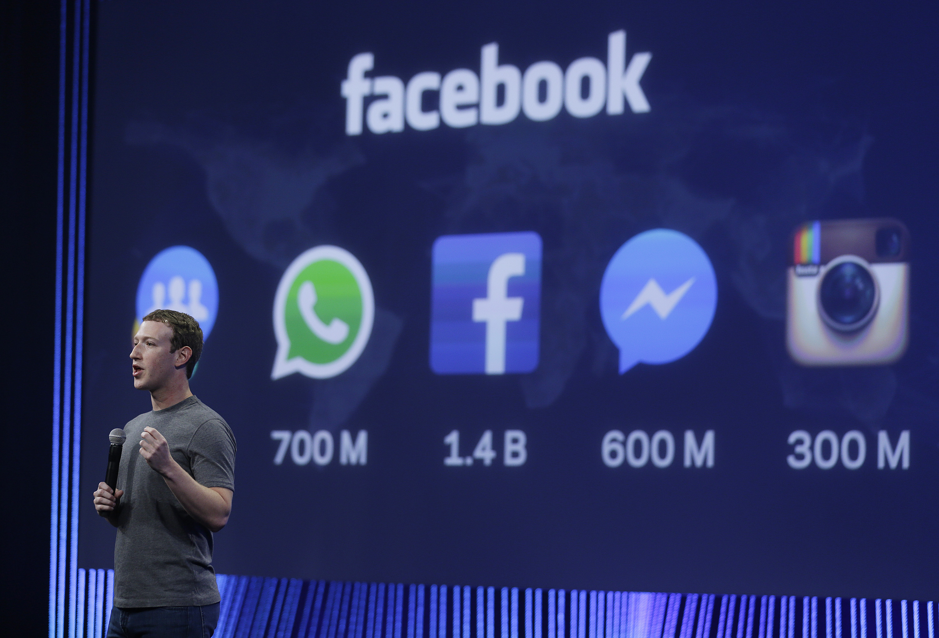 FILE - In this March 25, 2015 file photo CEO Mark Zuckerberg gives the keynote address during the Facebook F8 Developer Conference in San Francisco. (AP Photo/Eric Risberg)