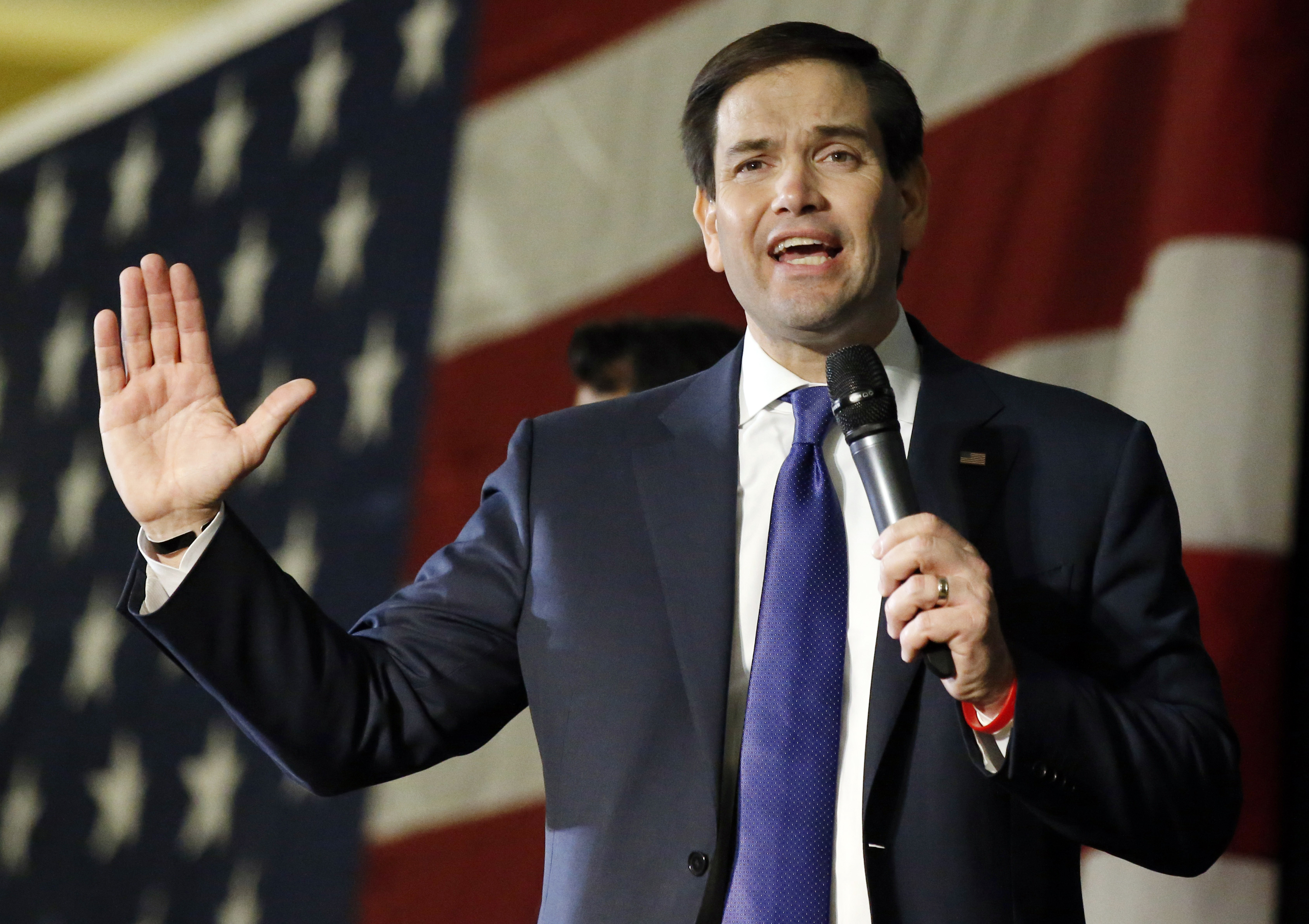 Republican presidential candidate, Sen. Marco Rubio, R-Fla., gestures as he speaks to a rally in Oklahoma City, Monday, Feb. 29, 2016. (AP Photo/Sue Ogrocki) (AP)