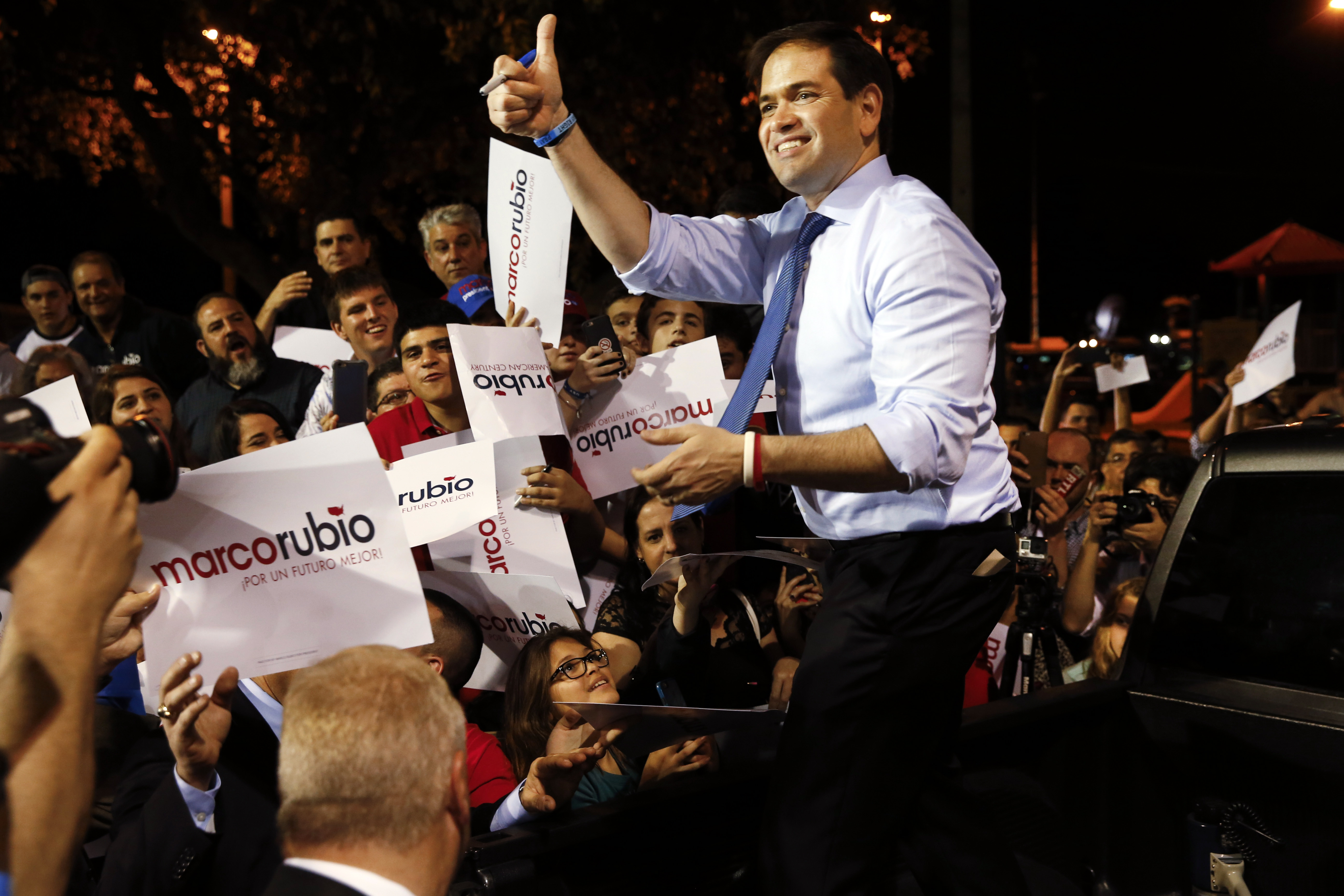 Republican presidential candidate Sen. Marco Rubio, R-Fla., speaks during a campaign rally in West Miami, Fla., Monday, March 14, 2016. (AP Photo/Paul Sancya) (AP)