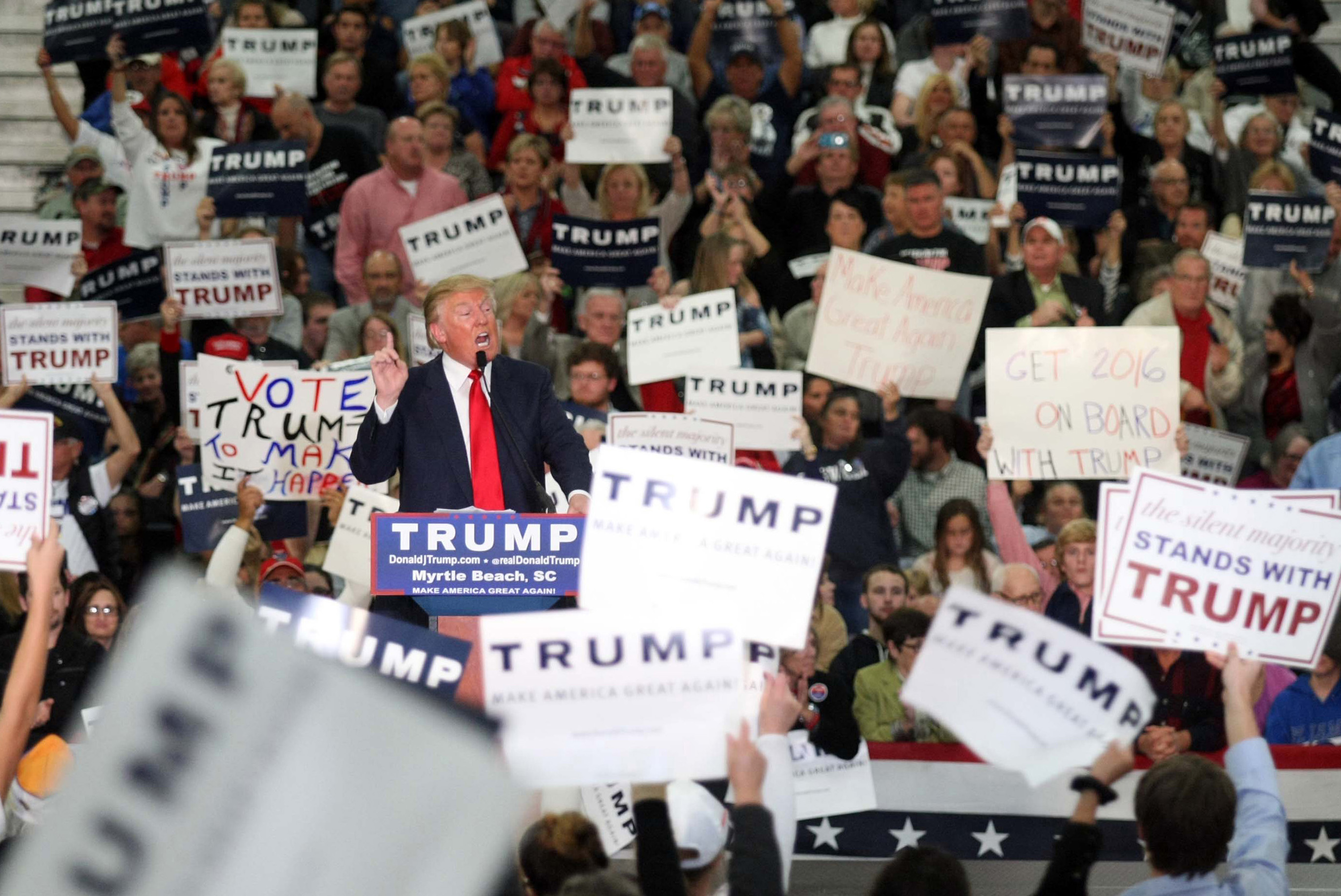 FILE - In this Nov. 24, 2015, file photo, Republican presidential candidate Donald Trump speaks during a campaign event at the Myrtle Beach Convention Center, in Myrtle Beach, S.C. The list of prominent evangelicals denouncing Trump is growing, but is anyone in the flock listening?  The bloc of voters powering the real estate mogul through the Republican primaries is significantly weighted with white born-again Christians. As Trumps ascendancy forces the GOP establishment to confront how it lost touch with so many conservative voters, top evangelicals are facing their own dark night, wondering what has drawn so many Christians to a twice-divorced, profane casino magnate with a muddled record on abortion and gay marriage.   (AP Photo/Willis Glassgow, File) (AP)
