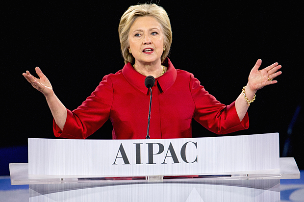 Hillary Clinton speaks at the 2016 American Israel Public Affairs Committee (AIPAC) Policy Conference, March 21, 2016. (AP/Andrew Harnik)