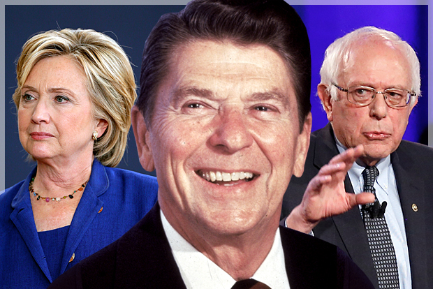 Hillary Clinton, Ronald Reagan, Bernie Sanders (AP/Charlie Neibergall/Patrick Semansky/Photo montage by Salon)
