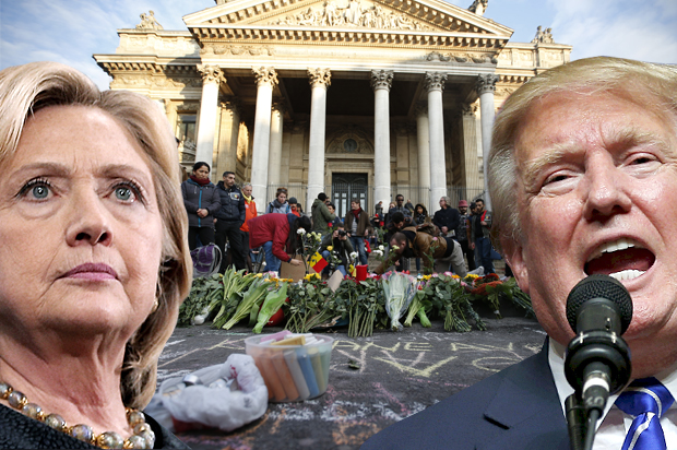 Hillary Clinton and Donald Trump; a memorial in Brussels following bomb attacks, March 22, 2016. (AP/Reuters/Brian Snyder//Charles Platiau/Photo montage by Salon)