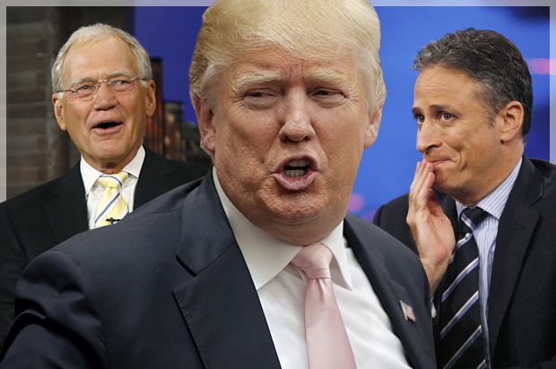 David Letterman, Donald Trump, Jon Stewart (AP/Reuters/Jonathan Ernst/Chris Keane/Jason DeCrow/Photo montage by Salon)