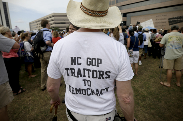 Demonstrators congregate at Halifax Mall during "Moral Monday" protests in Raleigh, N.C., June 24, 2013. (AP/Gary Broome)