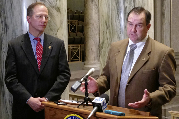 Mike Kehoe talks with reporters as Bob Onder looks on, at the Missouri Capitol in Jefferson City, March 9, 2016. (AP/David Lieb)