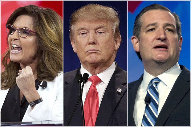 Sarah Palin, Donald Trump, Ted Cruz (Jeff Malet, maletphoto.com/AP/Chuck Burton/Jose Luis Magana)