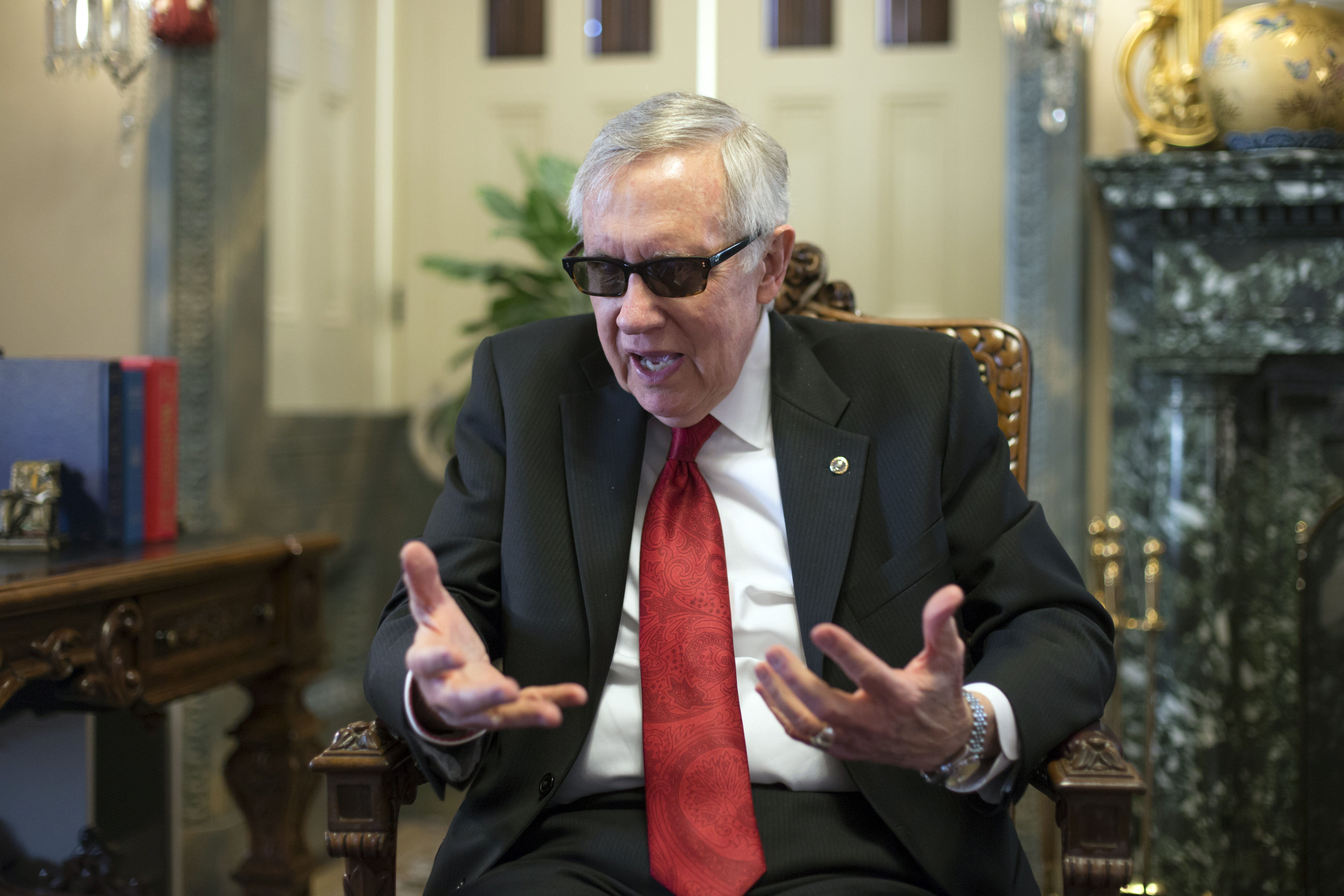 Senate Minority Leader Harry Reid, D-Nev., speaks during an interview with The Associated Press in his leadership office at the Capitol in Washington, Tuesday, March 8, 2016. Never one to back down from a political fight, the five-term Nevada Democrat has been relentlessly pounding Republicans over their insistence that President Barack Obamas successor fill the vacancy on the Supreme Court. The GOP remains unified. (AP Photo/J. Scott Applewhite) (AP)