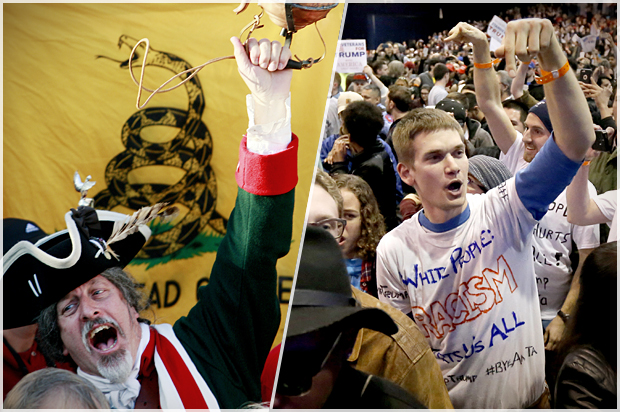 A Tea Party tax protest, April 15, 2009 in Atlanta; Donald Trump protesters in Chicago, March 11, 2016. (AP/John Bazemore/Charles Rex Arbogast)