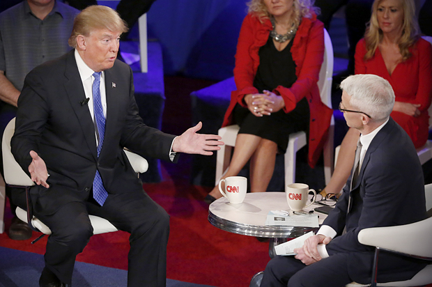 Donald Trump and Anderson Cooper in a CNN town hall, March 29, 2016, in Milwaukee. (AP/Charles Rex Arbogast)