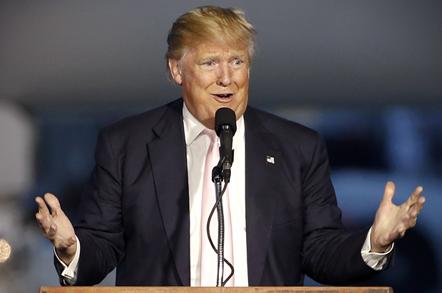 Republican presidential candidate, Donald Trump holds a plane-side rally in a hanger at Youngstown-Warren Regional Airport in Vienna, Ohio, Monday, March 14, 2016.  (AP Photo/Gene J. Puskar) (AP)