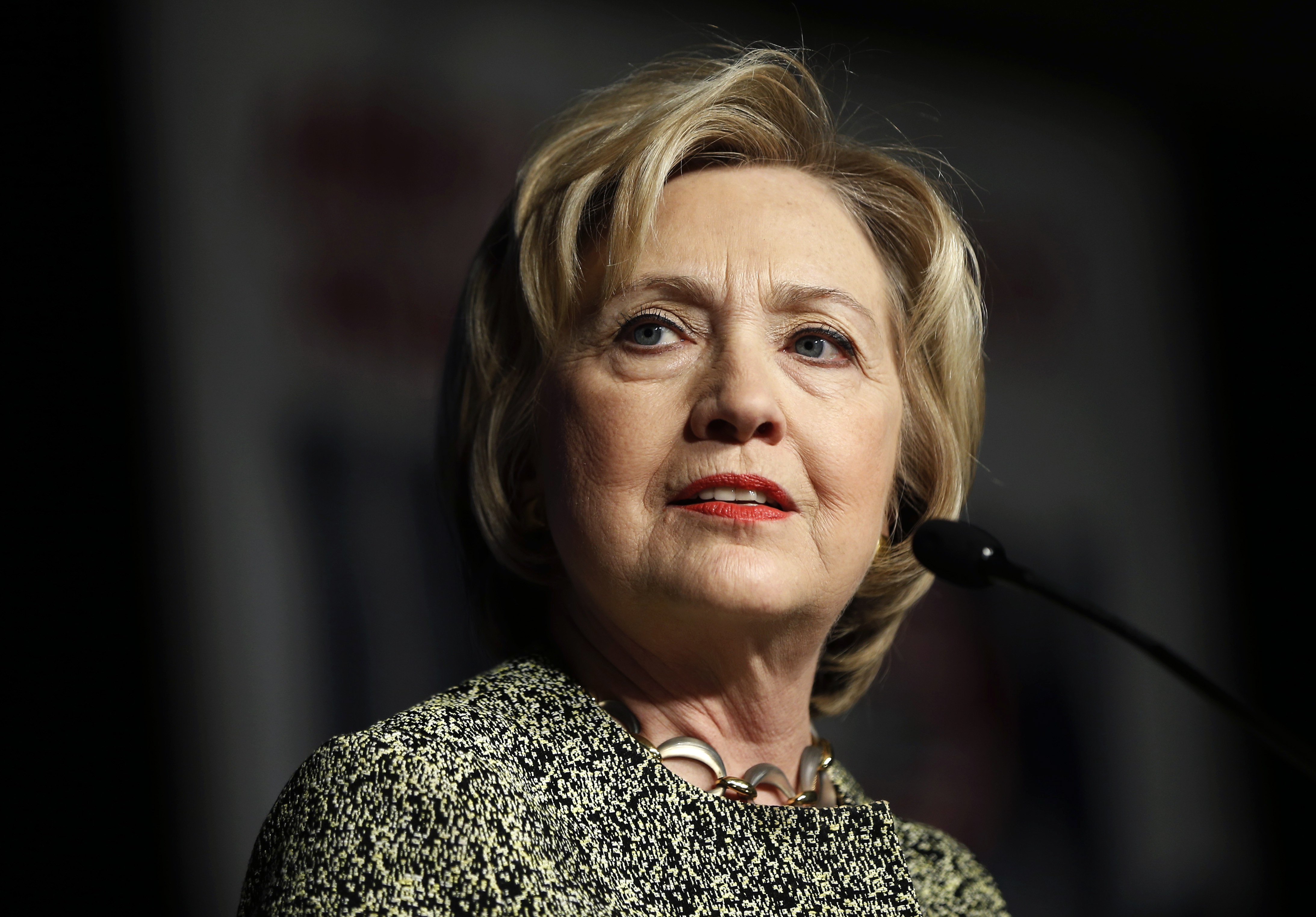 In this April 6, 2016, photo, Democratic presidential candidate Hillary Clinton speaks at the Pennsylvania AFL-CIO Convention in Philadelphia. A new Associated Press-GfK poll finds that Americans trust Democratic presidential front-runner Clinton more than Republican leader Donald Trump to handle a wide range of issues, from immigration to health care to nominating Supreme Court justices.(AP Photo/Matt Rourke) (AP)