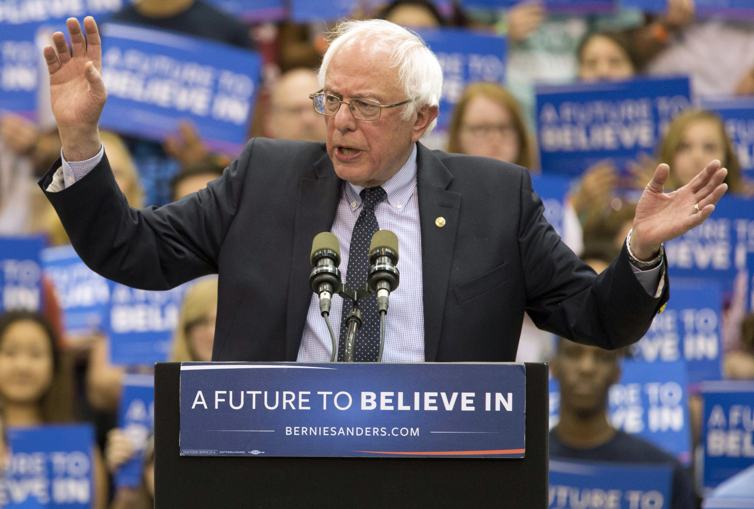Democratic presidential candidate Sen. Bernie Sanders, I-Vt., speaks during a campaign rally at Penn State University, Tuesday, April 19, 2016 in State College, Pa. (AP Photo/) (AP/Mary Altaffer)