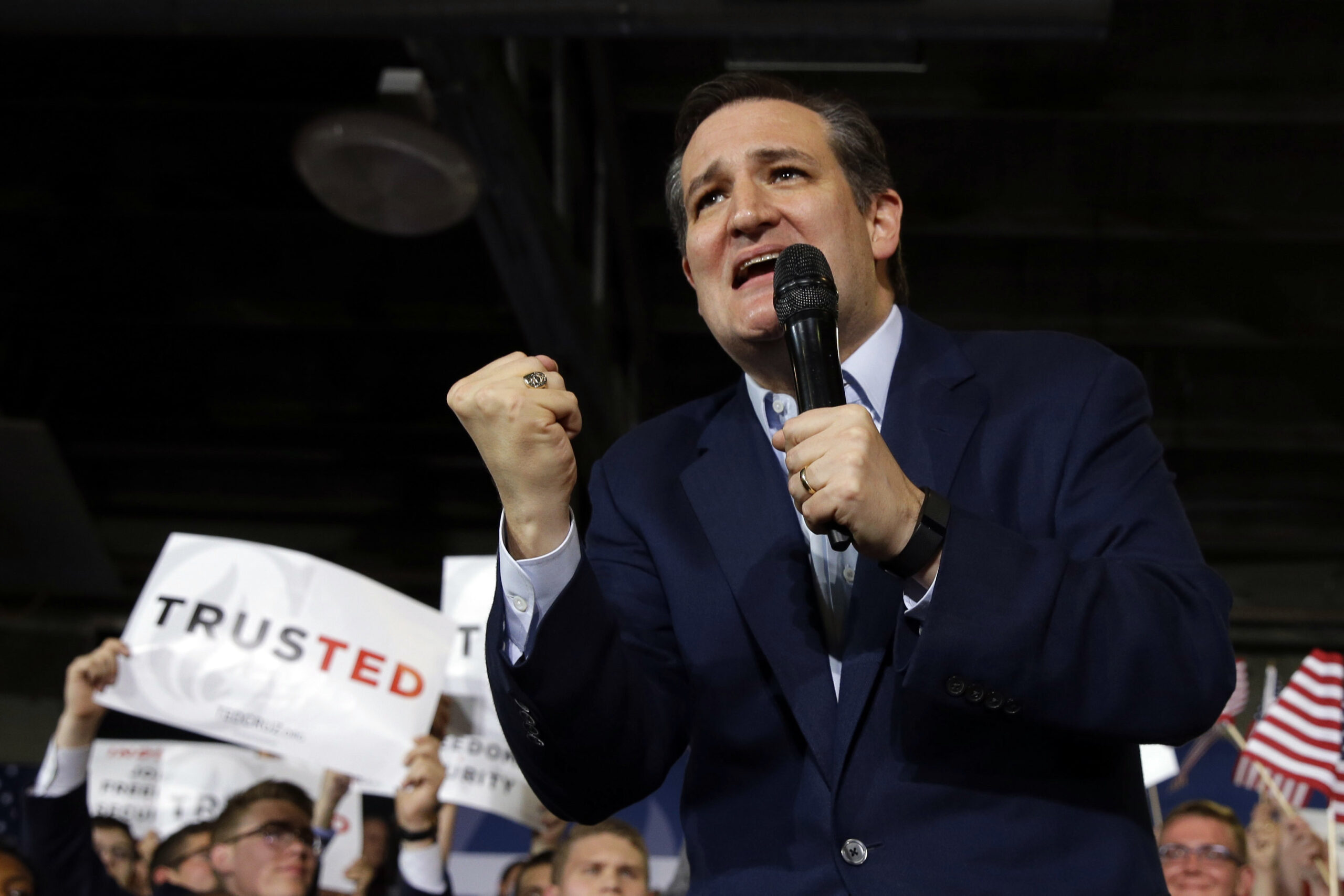 Republican presidential candidate Sen. Ted Cruz, R-Texas, speaks during a rally at the Hoosier Gym in Knightstown, Ind., Tuesday, April 26, 2016. (AP Photo/Michael Conroy) (AP)