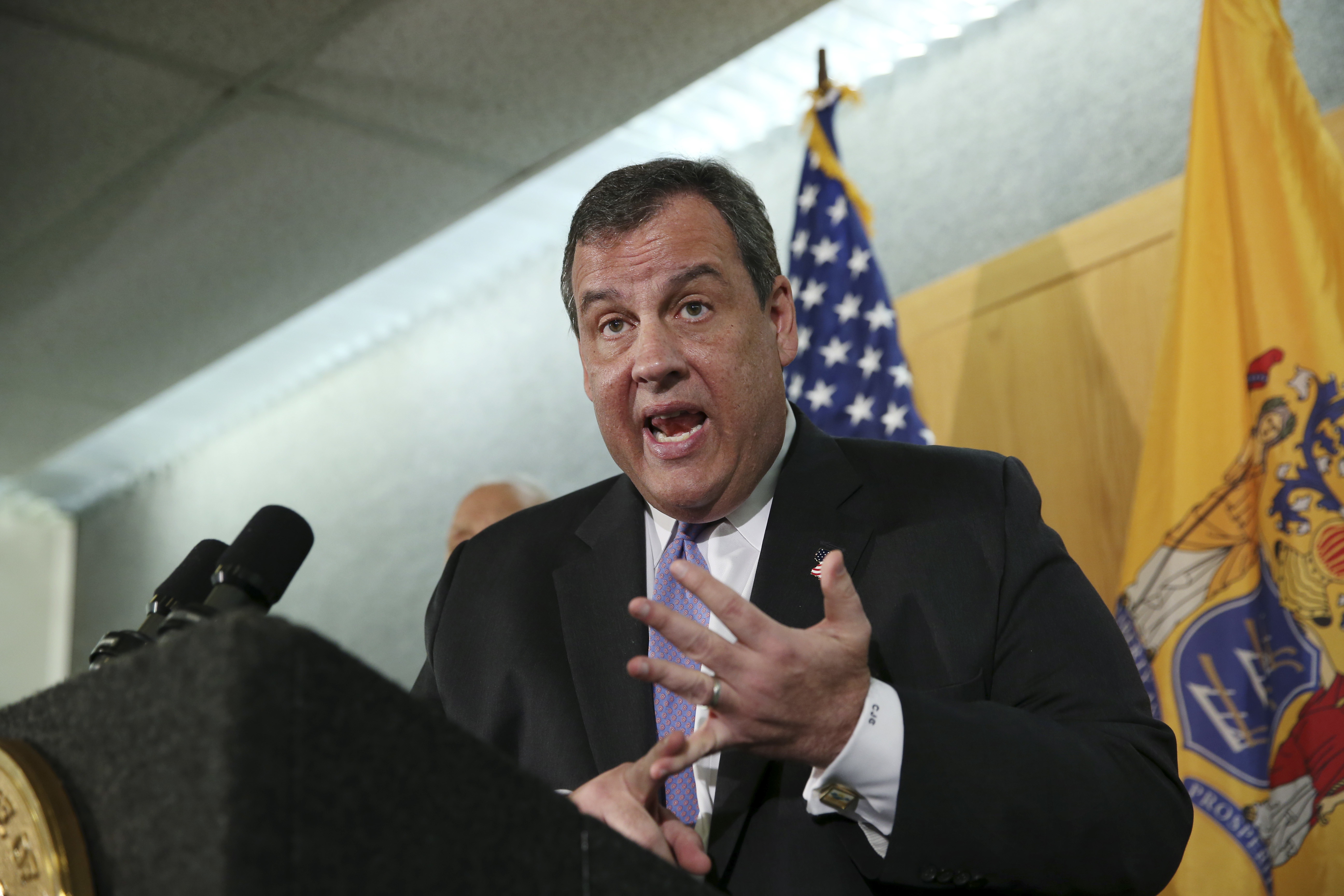 New Jersey Gov. Chris Christie addresses a gathering as he lays out the problems he says Atlantic City is not addressing Wednesday, April 6, 2016, in Atlantic City, N.J. The Republican governor and Democratic Assembly Speaker Vincent Prieto are wrangling about giving the state authority over the city's finances. Prieto objects to legislation approved by the state Senate and backed by Christie, saying it jeopardizes unions' bargaining rights. (AP Photo/Mel Evans) (AP)