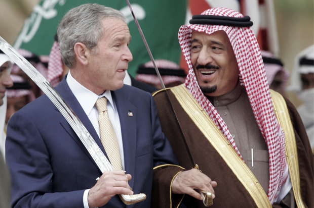President Bush stands with Saudi Prince Salman, brother of Saudi King Abdullah, in Al Janadriyah, Saudi Arabia, Jan. 15, 2008. (AP/Susan Walsh)