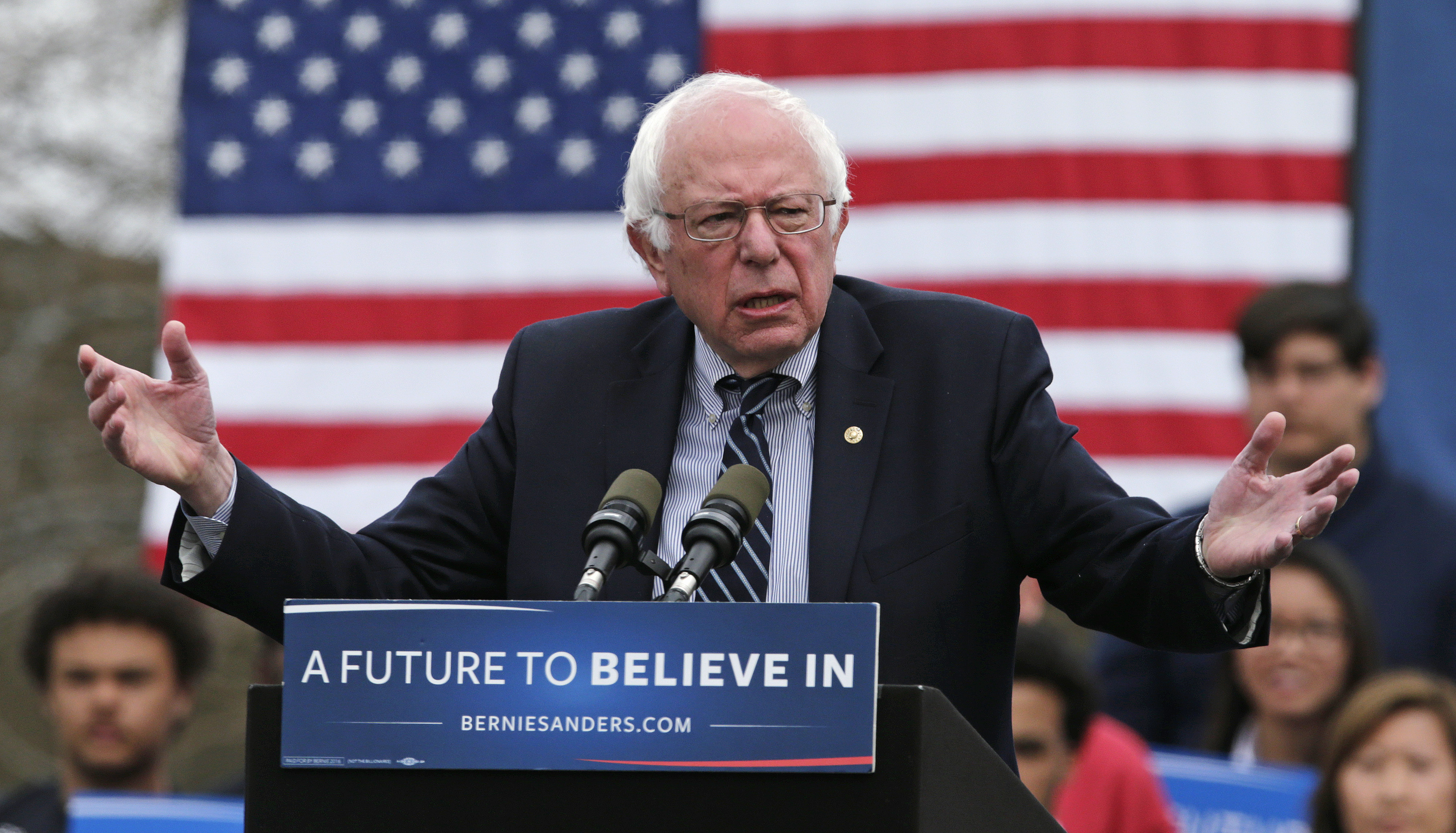 Democratic presidential candidate Sen. Bernie Sanders, I-Vt., gestures during a campaign rally in Hartford, Conn., Monday, April 25, 2016. (AP Photo/Charles Krupa) (AP)