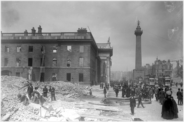 The burnt out shell of the GPO, the rebel headquarters, after the Easter Rising of 1916. (Wikimedia)