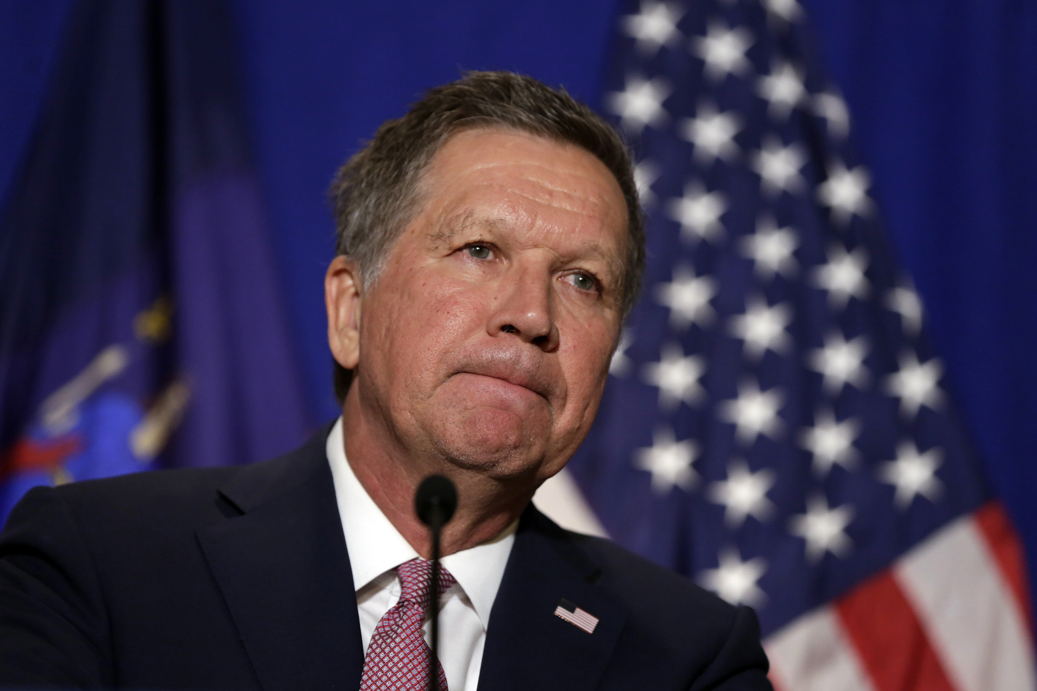 Republican presidential candidate, Ohio Gov. John Kasich listens to questions during a news conference in New York, Thursday, March 31, 2016.  Kasich is convinced he can swing hundreds of delegates to swing his way at a contested summer convention by assuring that only he can usher his party back into the White House.(AP Photo/Richard Drew) (AP)