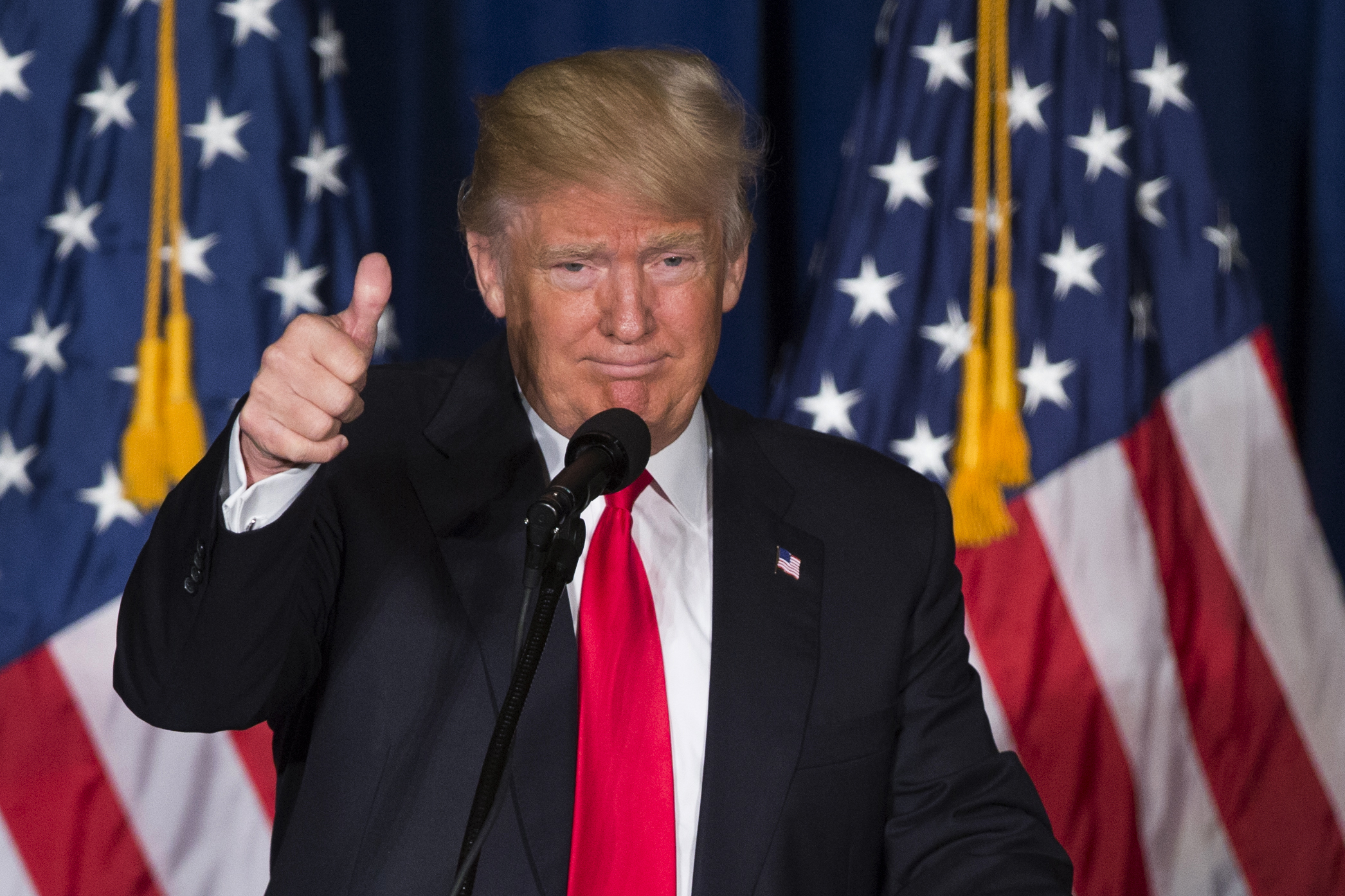 Republican presidential candidate Donald Trump gives a thumbs up after giving a foreign policy speech at the Mayflower Hotel in Washington, Wednesday, April 27, 2016. Trump's highly anticipated foreign policy speech Wednesday will test whether the Republican presidential front-runner, known for his raucous rallies and eyebrow-raising statements, can present a more presidential persona as he works to unite the GOP establishment behind him. (AP Photo/) (AP/Evan Vucci)