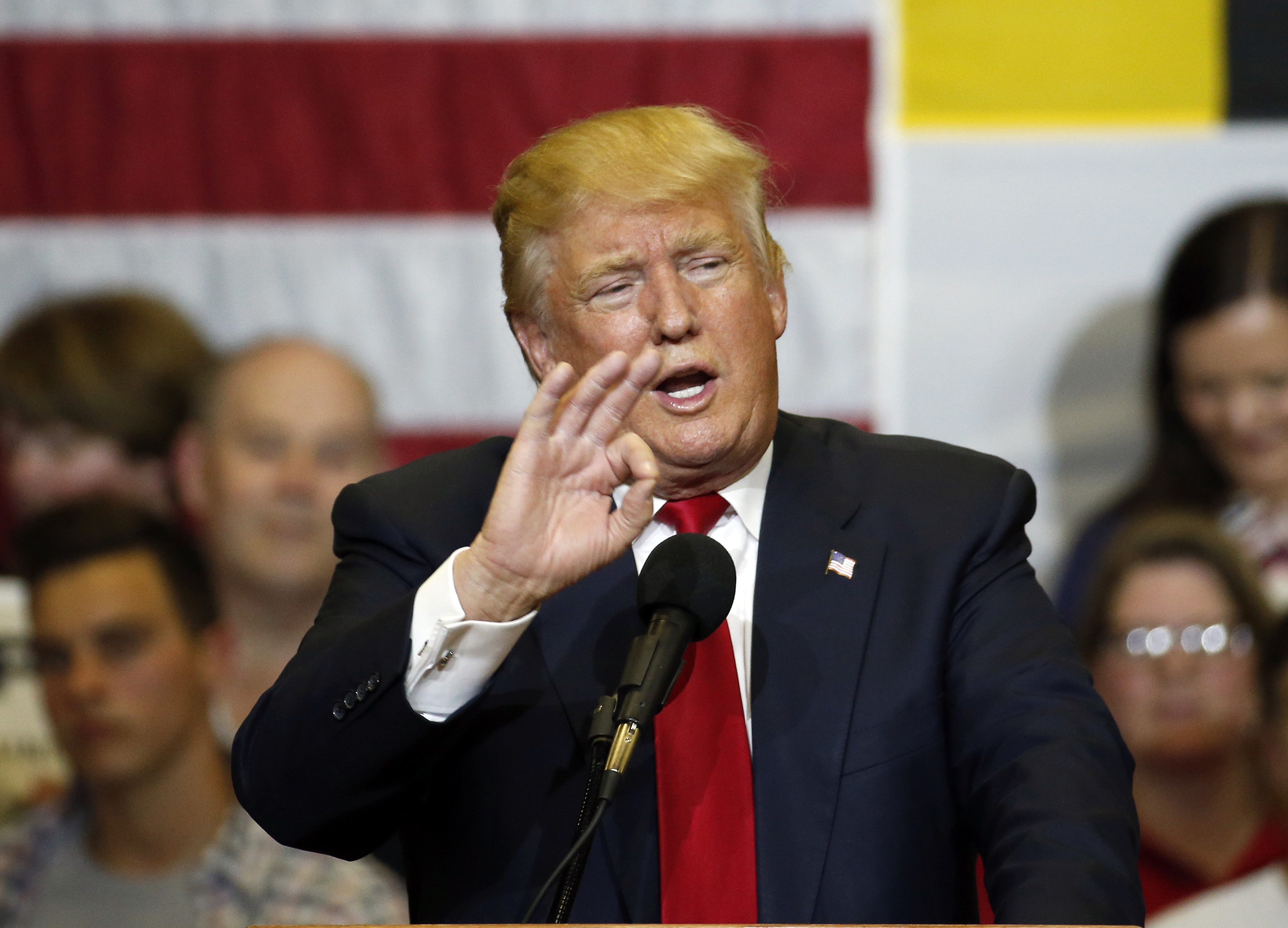 Republican presidential candidate Donald Trump speaks during a campaign event at Stephen Decatur High School, Wednesday, April 20, 2016 in Berlin, Md. (AP Photo/Alex Brandon) (AP)