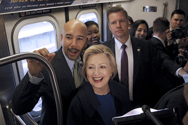 Hillary Clinton rides the Subway with Bronx Borough President Ruben Diaz in the Bronx, April 7, 2016. (Reuters/Brendan McDermid)
