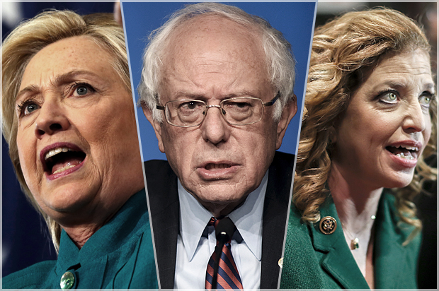 Hillary Clinton, Bernie Sanders, Debbie Wasserman Schultz (AP/Reuters/Jim Young/Mark Kauzlarich/Stephen B. Morton)