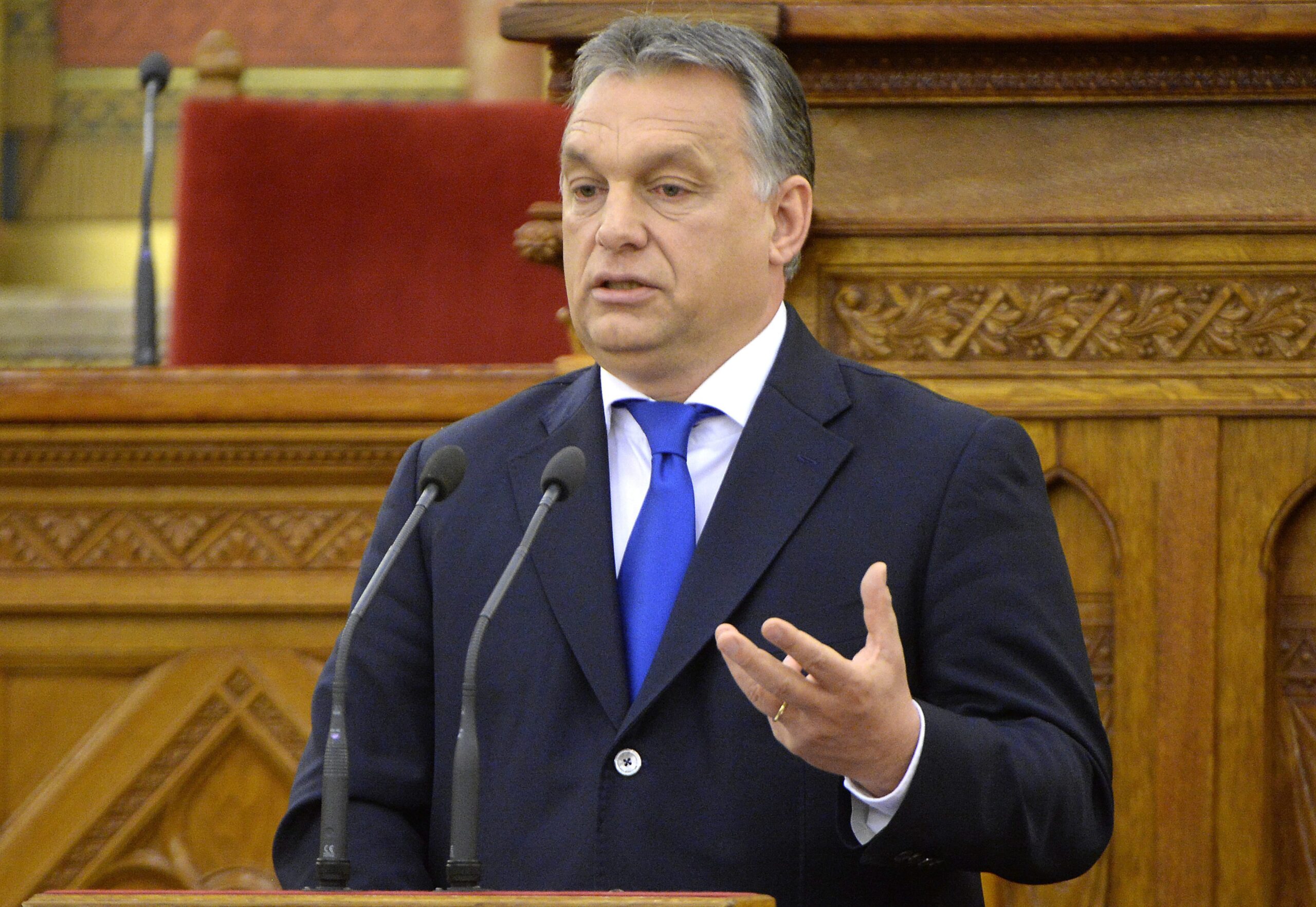 Hungarian Prime Minister Viktor Orban addresses a ceremony held to mark the 5th anniversary of the proclamation of the new constitution in the Parliament building in Budapest, Hungary, Monday, April 25, 2016. (Tamas Kovacs/MTI via AP) (AP)