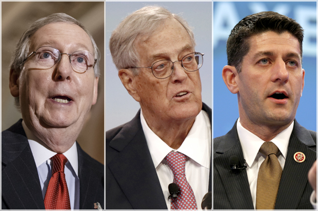 Mitch McConnell, David Koch, Paul Ryan (AP/Reuters/J. Scott Applewhite/Paul Vernon/Kevin Lamarque)