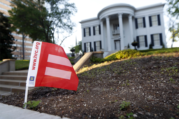 A Human Rights Campaign banner flies on the grounds of the Governor's Mansion in Jackson, Miss., April 4, 2016. (AP/Rogelio V. Solis)