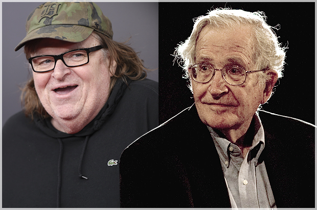 Michael Moore, Noam Chomsky (AP/Evan Agostini/Reuters/Jorge Dan)