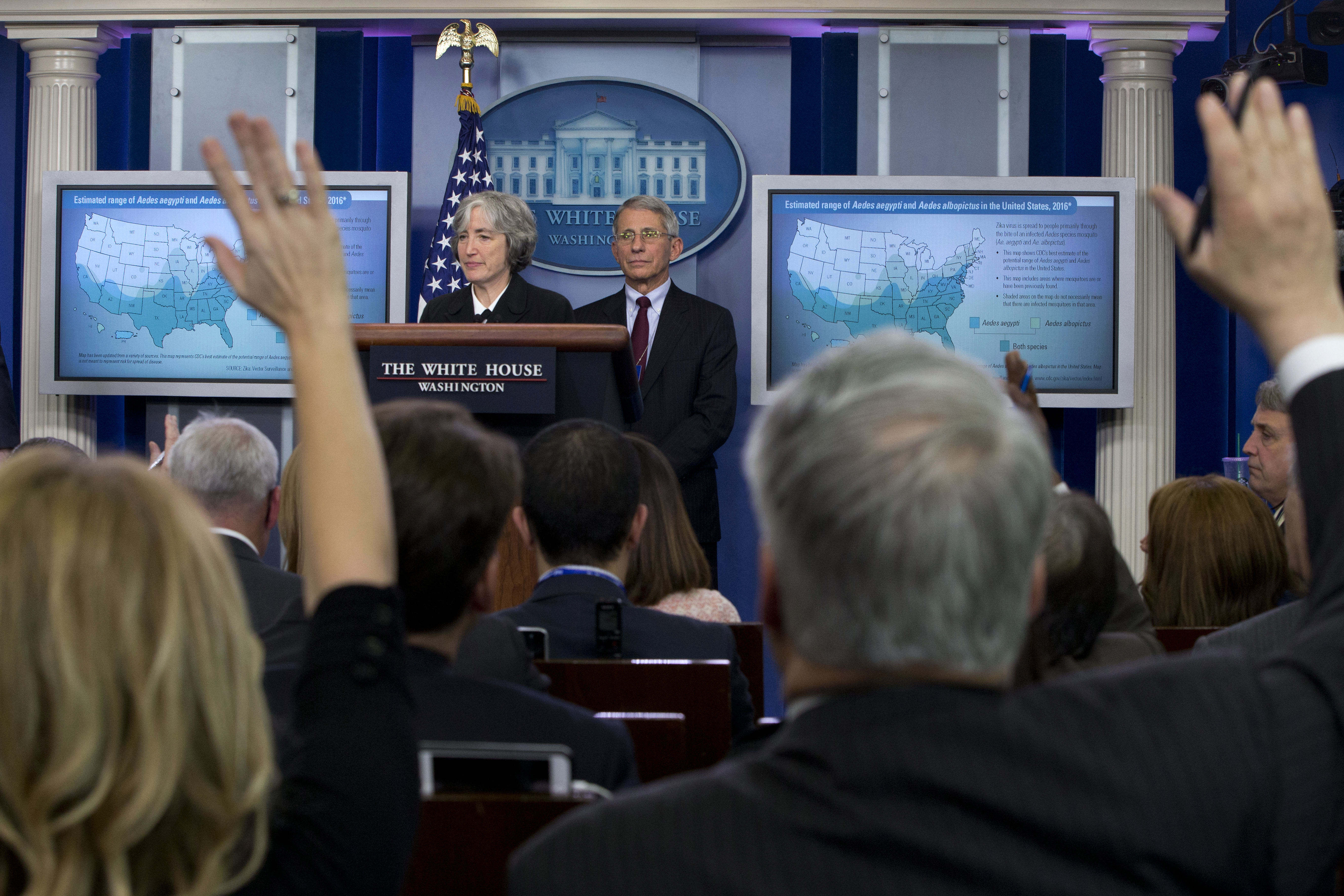 Dr. Anne Schuchat, principal deputy director of the Center for Disease Control, left, and Dr. Anthony Fauci, Director of NIH/NIAID, answers questions about the Zika virus during a news briefing at the White House in Washington, Monday, April 11, 2016.  (AP Photo/Jacquelyn Martin) (AP)
