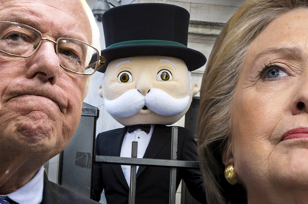 Bernie Sanders, Rich Uncle Pennybags, Hillary Clinton (Reuters/Joshua Roberts/Lucas Jackson/Jim Young/Photo montage by Salon)