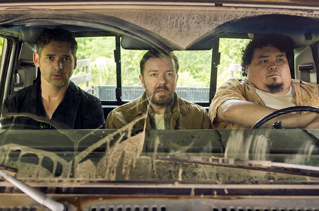 Eric Bana, Ricky Gervais and Pedro Miguel Arce in "Special Correspondents" (Netflix)