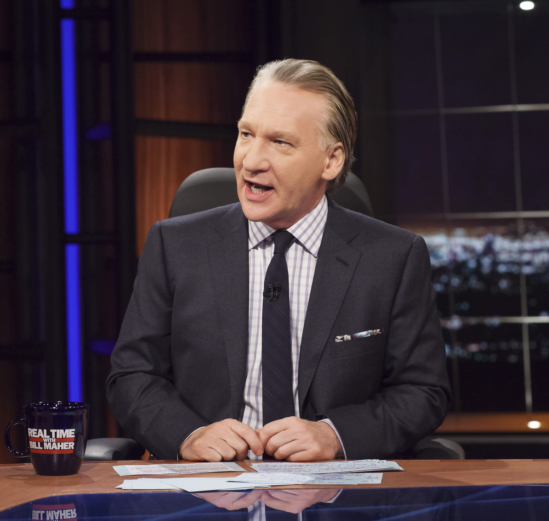 This April 8, 2016 photo released by HBO shows Bill Maher, host of "Real Time with Bill Maher," during a broadcast of the show in Los Angeles. Since premiering 13 years ago, Maher has provided an essential forum for smart discussion about politics and culture, with his opening monologue often the sharpest, best-crafted topical humor on television. (Janet Van Ham/HBO via AP) (AP)