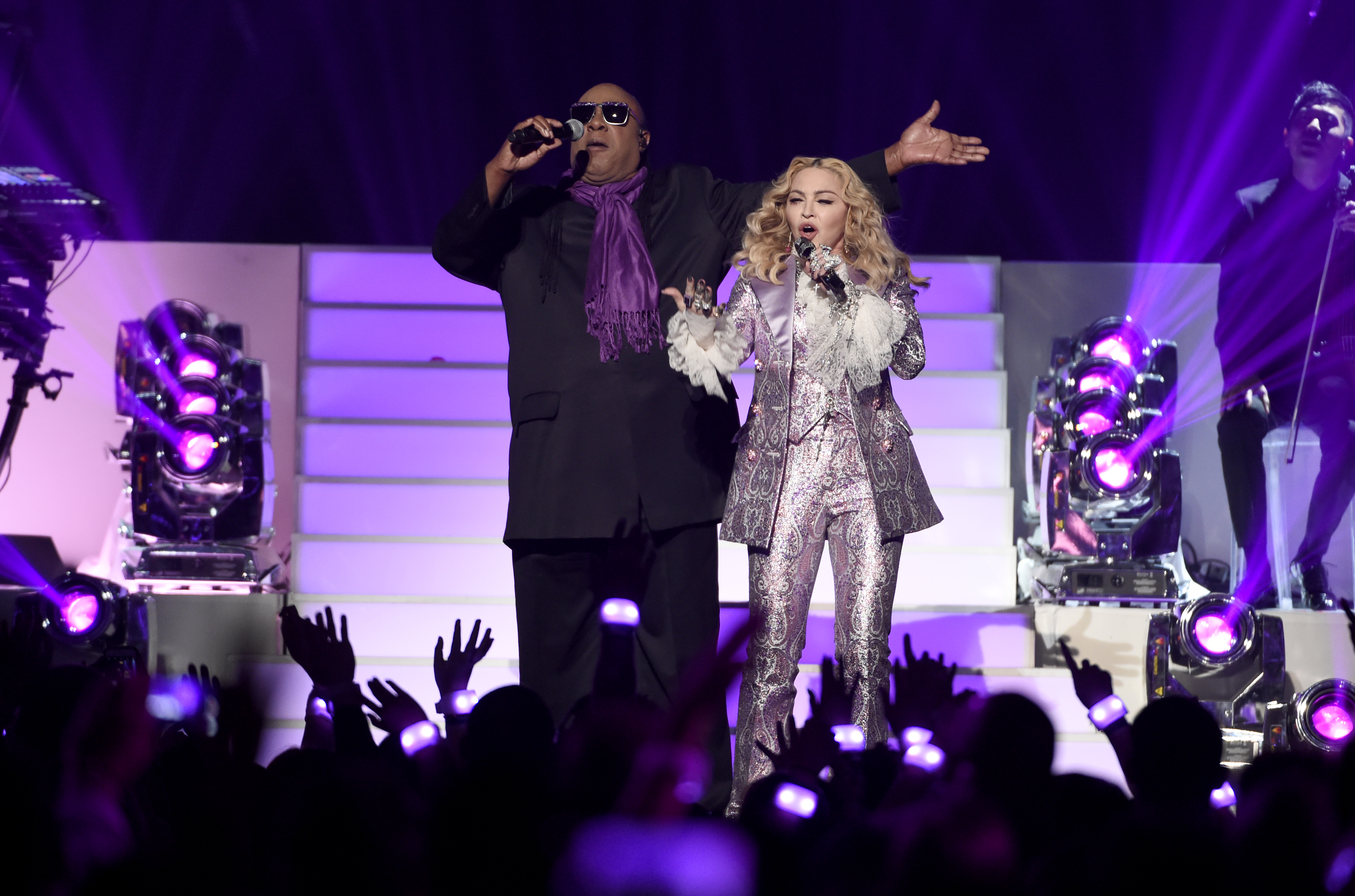 Stevie Wonder, left, and Madonna perform a tribute to Prince at the Billboard Music Awards at the T-Mobile Arena on Sunday, May 22, 2016, in Las Vegas. (Photo by Chris Pizzello/Invision/AP) (Chris Pizzello/invision/ap)