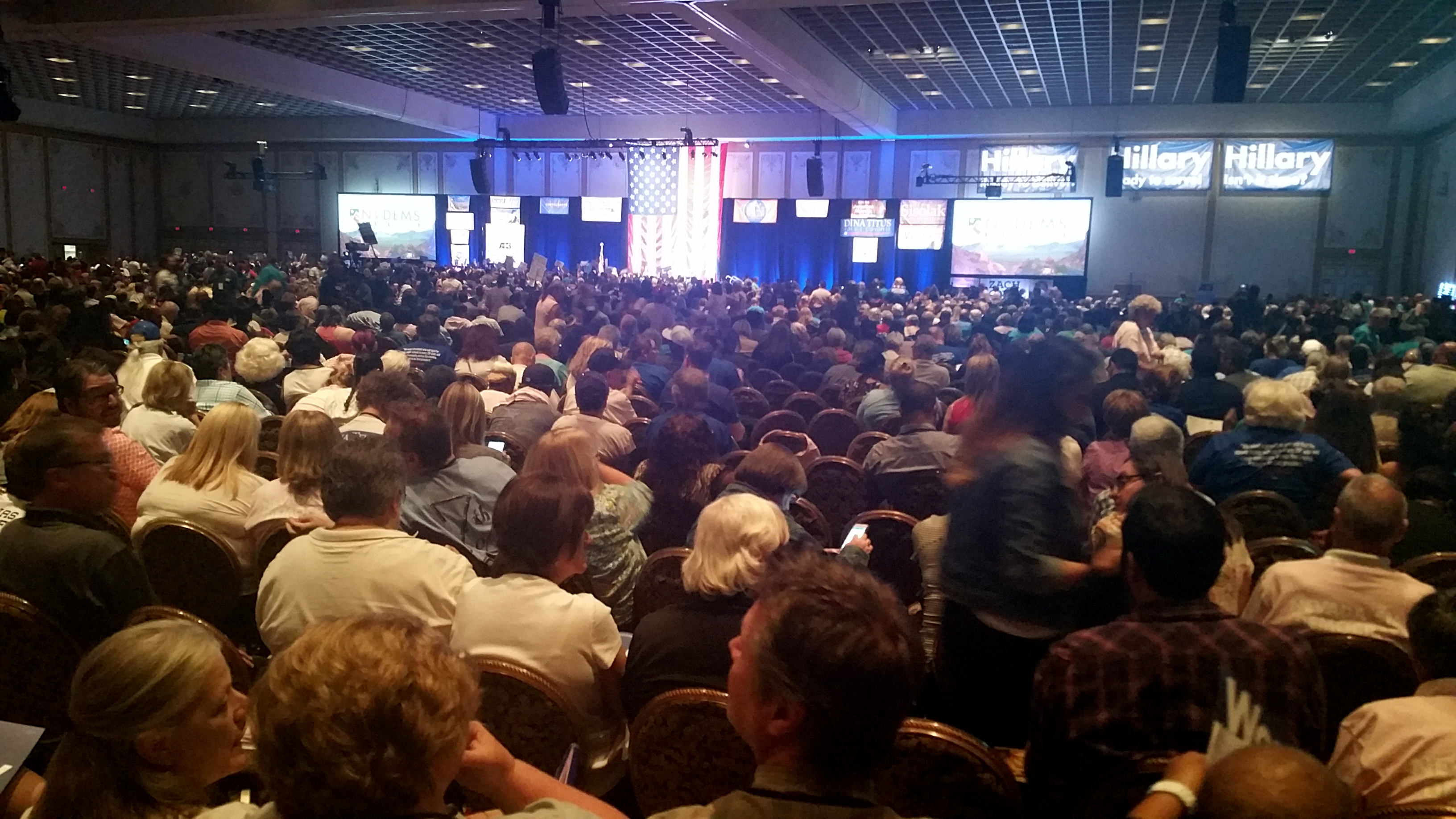 Thousands of people gather at the Paris casino in Las Vegas for the Nevada State Democratic Convention on Saturday, May 14, 2016. They are picking delegates to send to the national convention in July. (AP Photo/Michelle Rindels) (AP)