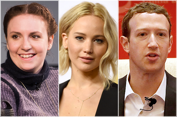 Lena Dunham, Jennifer Lawrence, Mark Zuckerberg (AP/Arthur Mola/Jordan Strauss/Mark Schiefelbein)