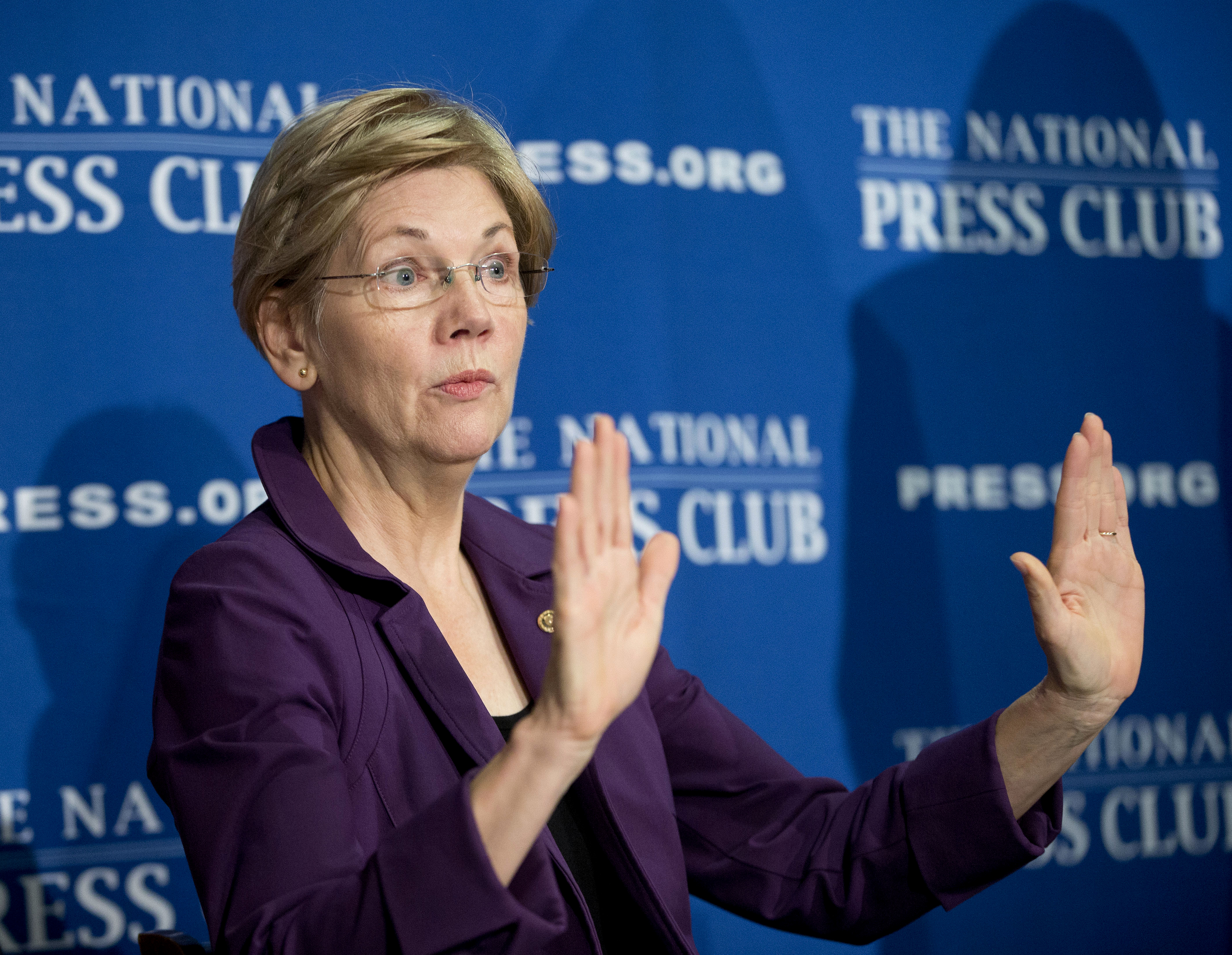 FILE - In this Nov. 18, 2015, file photo, Sen. Elizabeth Warren, D-Mass. gestures before speaking at the National Press Club in Washington. Warren has taken to Twitter to attack what she calls presumptive Republican presidential nominee Donald Trumps toxic stew of hatred & insecurity. She put out a series of tweets Tuesday night as results from the GOP primary in Indiana left Trump as the overwhelming favorite to become the GOP nominee. (AP Photo/Pablo Martinez Monsivais, File) (AP)