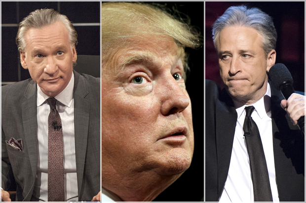 Bill Maher, Donald Trump, Jon Stewart (AP/Janet Van Ham/Charlie Neibergall/Charles Sykes)